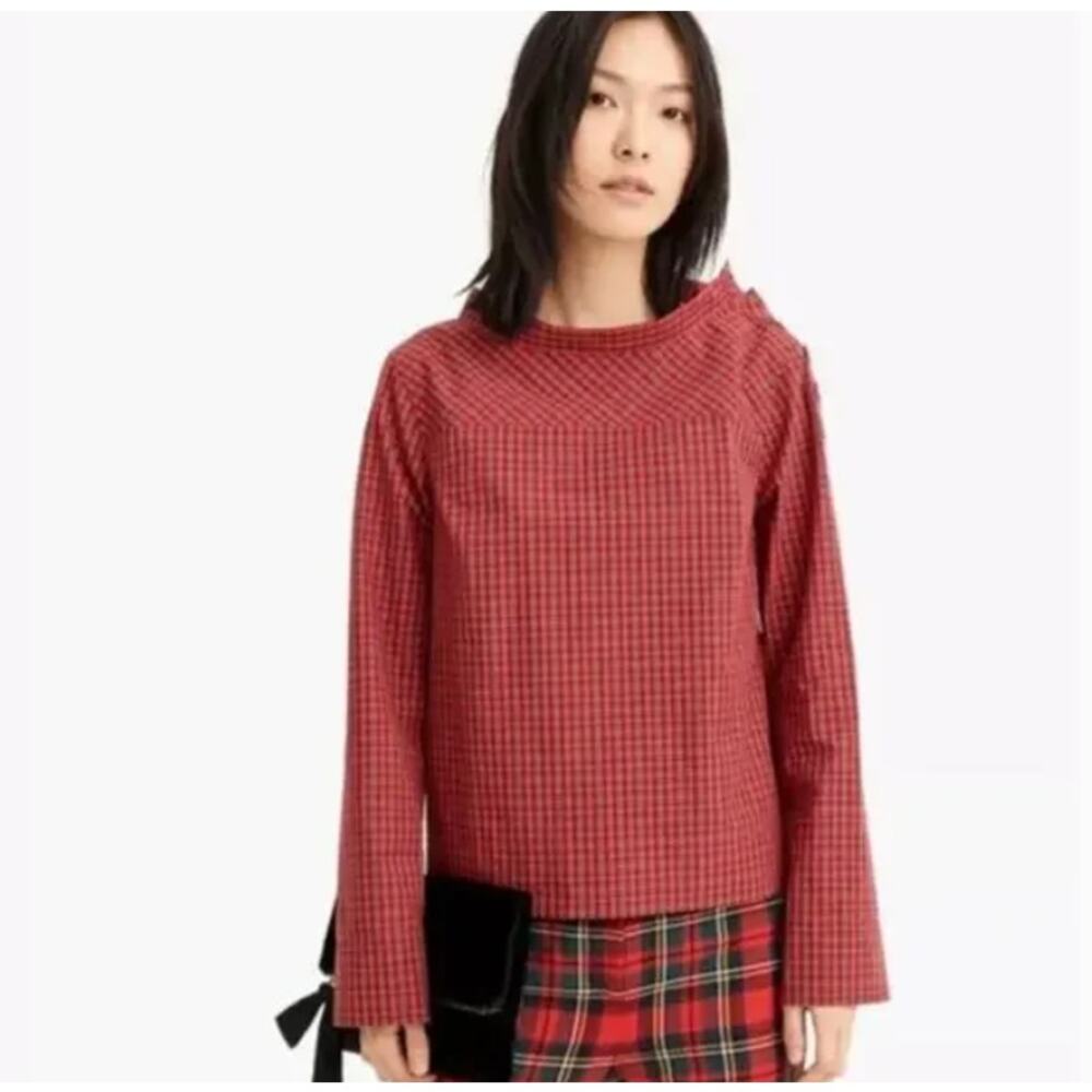 J. Crew Plaid Funnel Neck Shirt with Jeweled Buttons Size 0